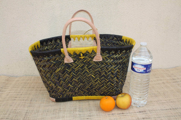 Superbe panier paille noir artisanal tressé main, sac cabas osier bohème, grand panier marché et plage, anses cuir, 3 tailles