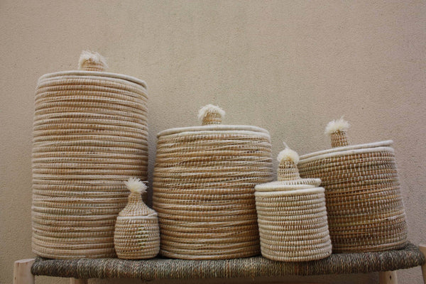 Panière de Rangement Berbère Artisanale en osier rotin et laine - TRESSÉE À LA MAIN