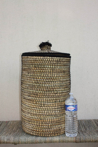 Panière de Rangement Berbère NOIRE & NATURELLE - osier rotin paille laine - ARTISANAT du Maroc