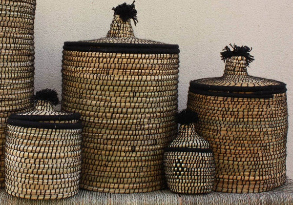 Panière de Rangement Berbère NOIRE & NATURELLE - osier rotin paille laine - ARTISANAT du Maroc