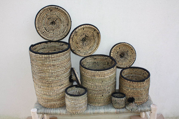 Panière de Rangement Berbère NOIRE & NATURELLE - osier rotin paille laine - ARTISANAT du Maroc