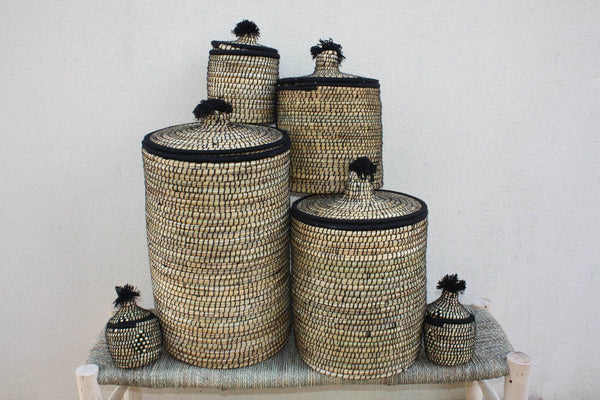 Panière de Rangement Berbère NOIRE & NATURELLE - osier rotin paille laine - ARTISANAT du Maroc