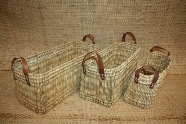 Panier de rangement osier Bac rectangulaire tressé rotin Corbeille paille anses cuir - Naturel Artisanal Décoration -
