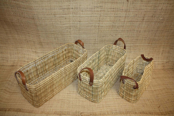 Panier de rangement osier Bac rectangulaire tressé rotin Corbeille paille anses cuir - Naturel Artisanal Décoration -