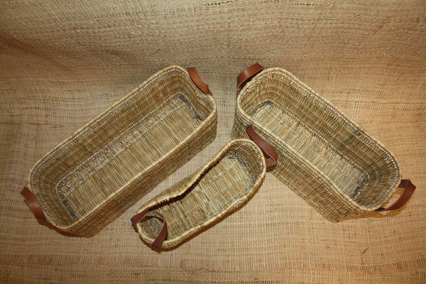 Panier de rangement osier Bac rectangulaire tressé rotin Corbeille paille anses cuir - Naturel Artisanal Décoration -