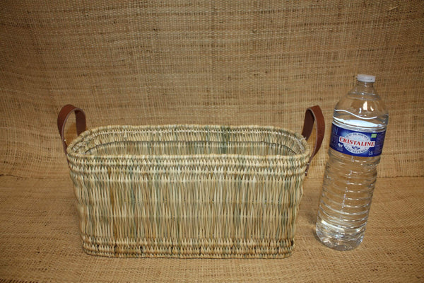 Panier de rangement osier Bac rectangulaire tressé rotin Corbeille paille anses cuir - Naturel Artisanal Décoration -