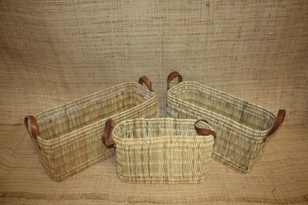 Panier de rangement osier Bac rectangulaire tressé rotin Corbeille paille anses cuir - Naturel Artisanal Décoration -