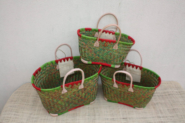 Cabas à courses tressé de Madagascar - Panier Sac Rouge & Vert - Artisanal - 3 tailles au choix -