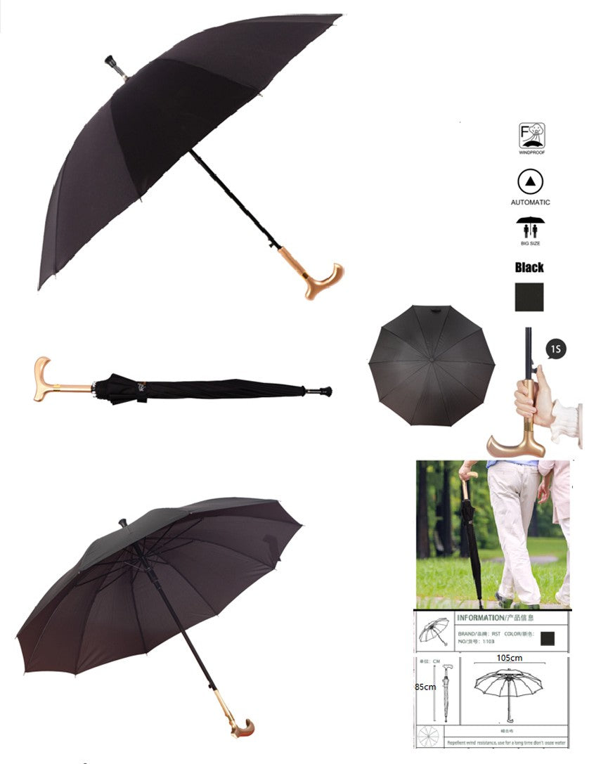 Parapluie Noir Automatique 2 en 1 : Canne de Marche et Parapluie – Solidité et Confort
