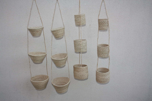 3 Paniers suspendus CROCHET RAPHIA Naturel - Rond ou évasé - Porte épices, plantes, rangement ...