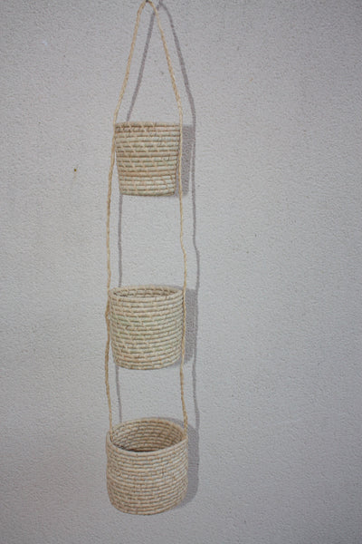 3 Paniers suspendus CROCHET RAPHIA Naturel - Rond ou évasé - Porte épices, plantes, rangement ...