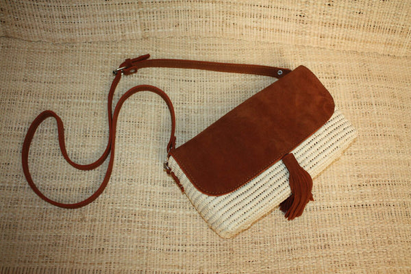 Superbe Sac à main femme osier pochette paille bandoulière - Raphia & Daim