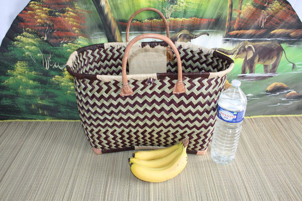 Sac Cabas de courses - PANIER de MADAGASCAR - Noir & Naturel - Tressé Main - 3 tailles au choix - marché plage osier paille