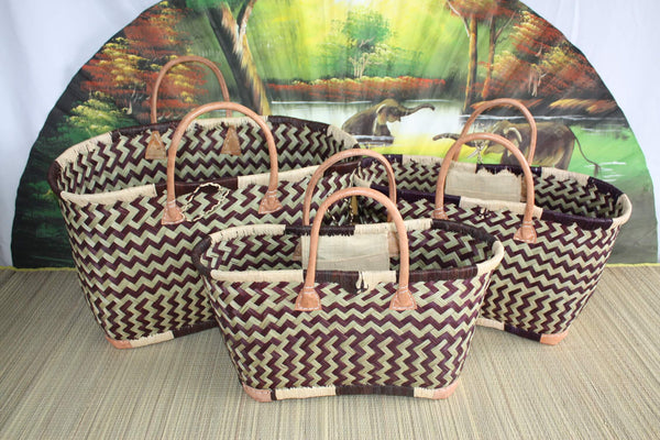 Sac Cabas de courses - PANIER de MADAGASCAR - Noir & Naturel - Tressé Main - 3 tailles au choix - marché plage osier paille