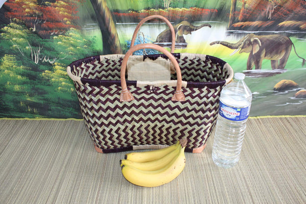Sac Cabas de courses - PANIER de MADAGASCAR - Noir & Naturel - Tressé Main - 3 tailles au choix - marché plage osier paille