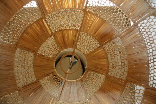 ABAT JOUR Rond Paille RAPHIA Tressée - Suspension boule Luminaire - Tressage ajouré - Décoration Bohème - Fait Main - 2 Tailles au choix