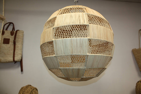 ABAT JOUR Rond Paille RAPHIA Tressée - Suspension boule Luminaire - Tressage ajouré - Décoration Bohème - Fait Main - 2 Tailles au choix
