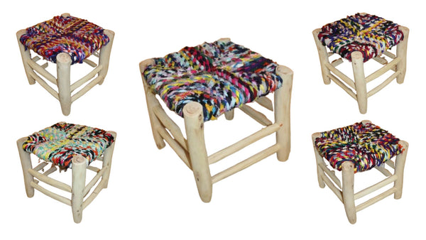 TABOURET MAROCAIN - Bois d'Eucalyptus & Tissu recyclé - Artisanat Naturel - Décoration Durable