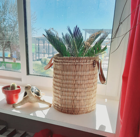 Round basket cache pot plants / flowers - Basket Bac - 3 SIZES to CHOICE - leather wicker rattan straw