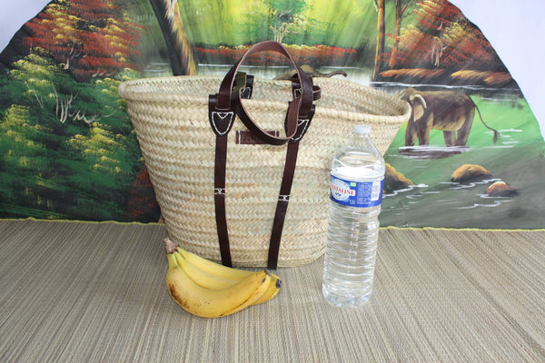 LARGE Reinforced LEATHER Basket - Short + Long Handles - Braided Shopping Straw Bag