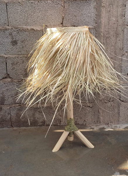 HANDMADE Bedside Lamp - WOOD + PALM TREES Lampshade - Handmade rattan straw