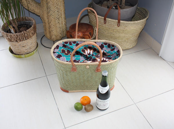 Shopping bag basket - PRETTY African WAX fabric pouch - 3 SIZES - ideal for markets, shopping, work, beach... raffia palm tree reed wicker