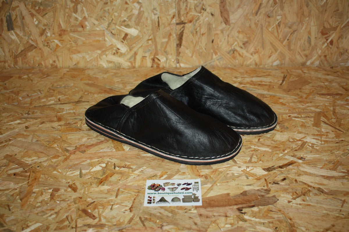 Babouches / Chaussons Noirs à Paillettes Taille 40 - Cuir Souple, Artisanales