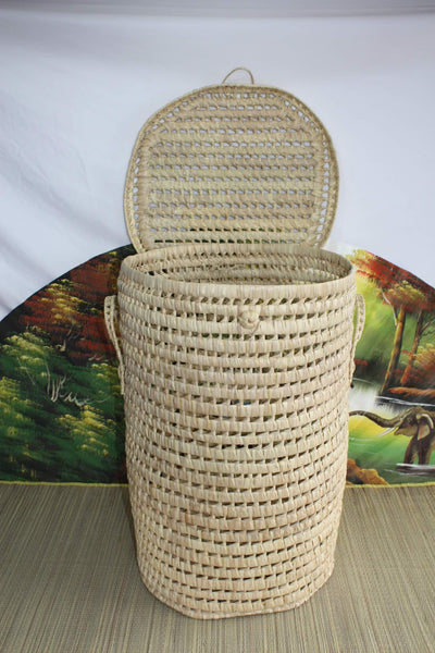 Large Round Laundry Basket - BRAIDED HAND in White PALM TREE - Rattan straw wicker basket