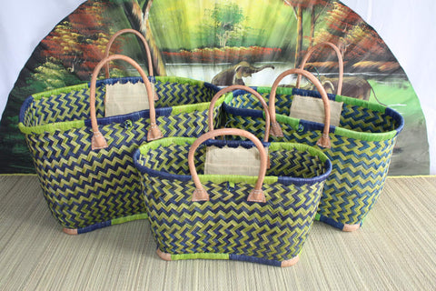 Superb straw tote bag basket - 3 SIZES - blue and green hand woven - ideal shopping, markets, beach, decoration...