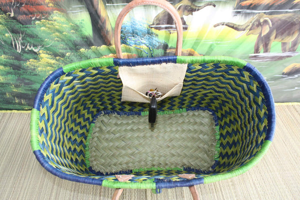 Superbe Panier sac cabas en Paille - 3 TAILLES - tressé main bleu et vert - idéal courses , marchés , plage , déco...