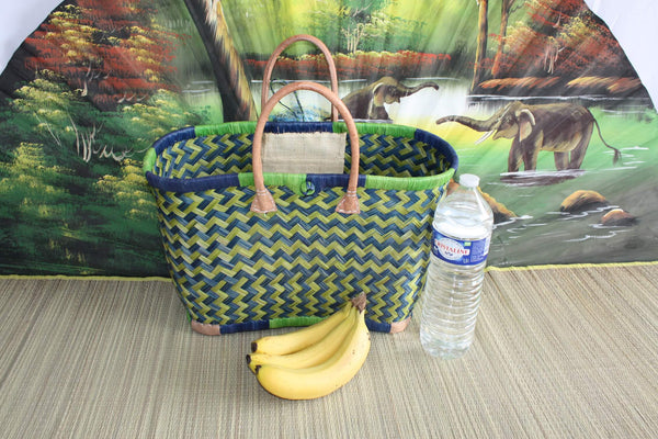 Superb straw tote bag basket - 3 SIZES - blue and green hand woven - ideal shopping, markets, beach, decoration...