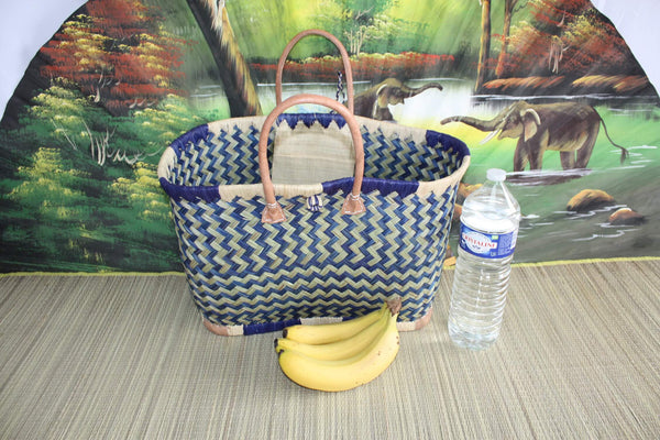 Shopping basket - ARTISANAL MADAGASCAR - Natural and Blue Tote Bag - Hand-woven - 3 sizes to choose from - beach market wicker