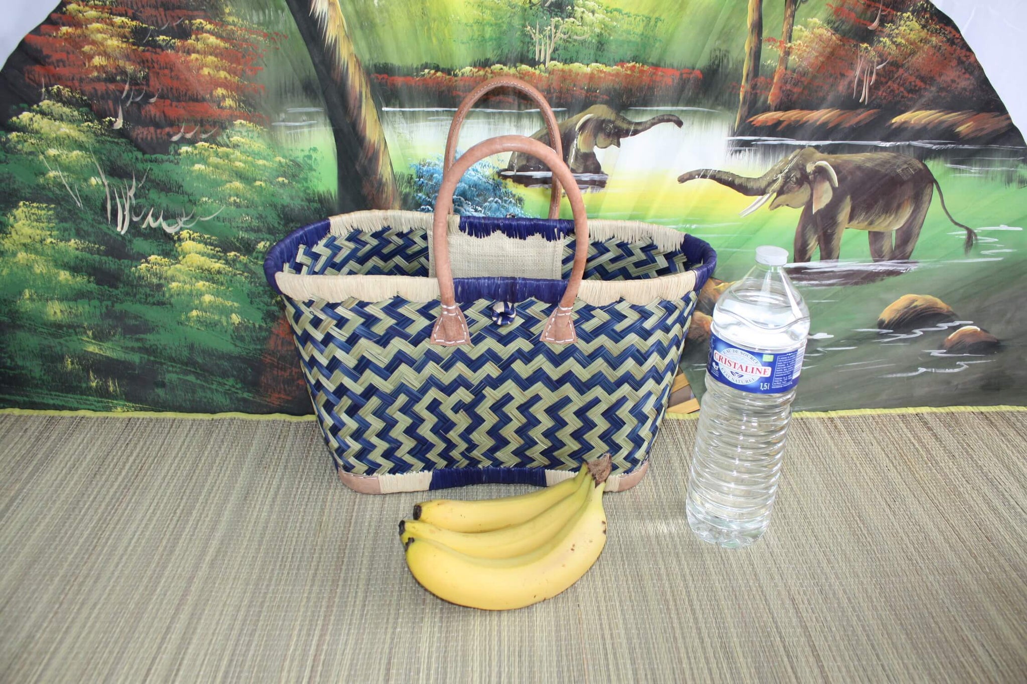 Einkaufskorb - ARTISANAL MADAGASCAR - Einkaufstasche in Natur und Blau - Handgewebt - 3 Größen zur Auswahl - Strandmarktgeflecht
