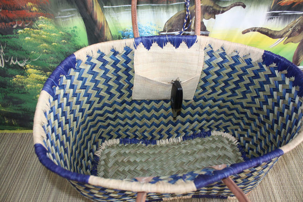 Shopping basket - ARTISANAL MADAGASCAR - Natural and Blue Tote Bag - Hand-woven - 3 sizes to choose from - beach market wicker