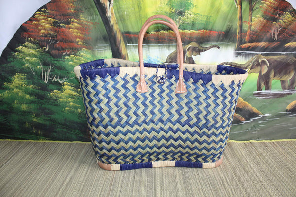 Einkaufskorb - ARTISANAL MADAGASCAR - Einkaufstasche in Natur und Blau - Handgewebt - 3 Größen zur Auswahl - Strandmarktgeflecht
