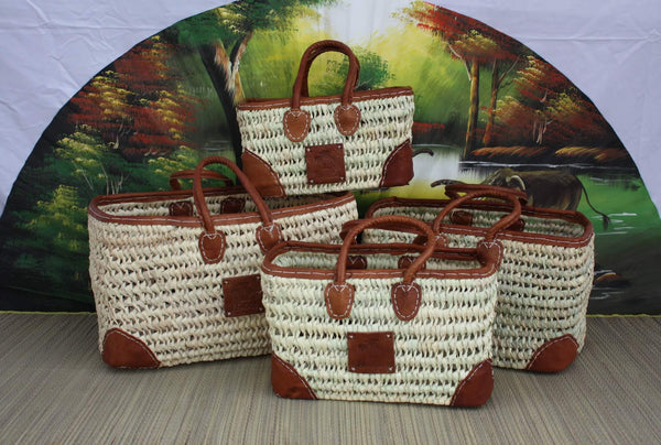 MAGNIFICENT Basket in dwarf palm - Large LEATHER REINFORCEMENTS - Tote bag for shopping, market, beach - Original and Solid -