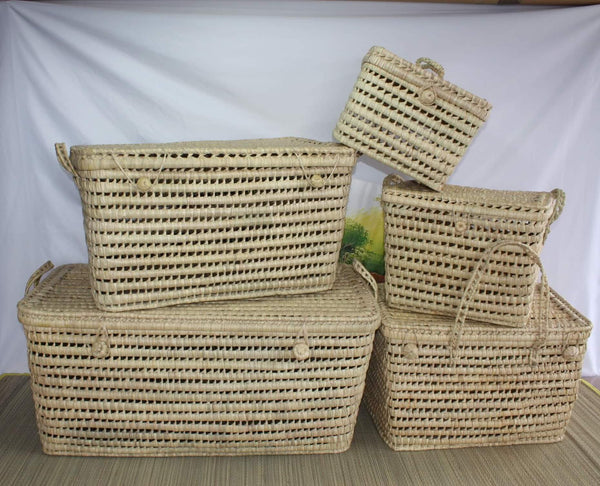 Storage chest - 5 Sizes - Trunk braided in Doum Palm - Trash bin with lid - Straw Rattan Wicker