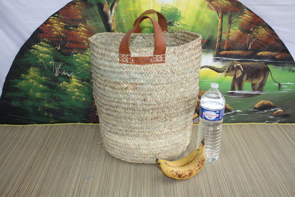 Palm Tree runder Aufbewahrungskorb – Wäschekorb – 4 Größen zur Auswahl – Strohrattan-Weidenleder