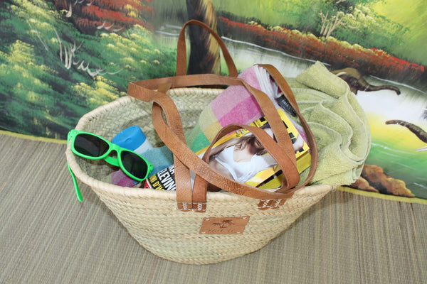 DOUBLE SHORT + LONG LEATHER HANDLE BAG - Straw basket Tote market shopping Basket beach wicker natural palm tree