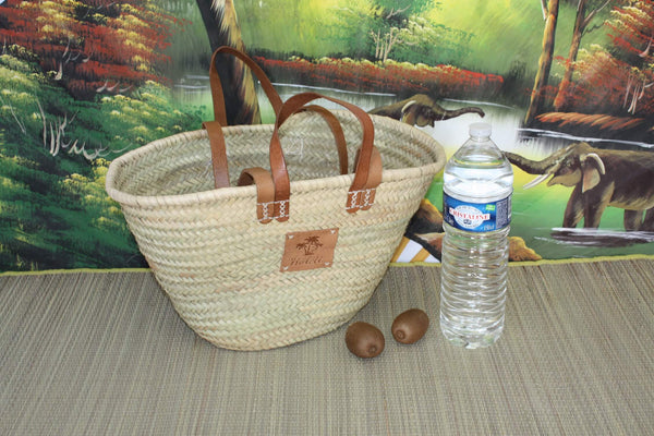 DOUBLE SHORT + LONG LEATHER HANDLE BAG - Straw basket Tote market shopping Basket beach wicker natural palm tree