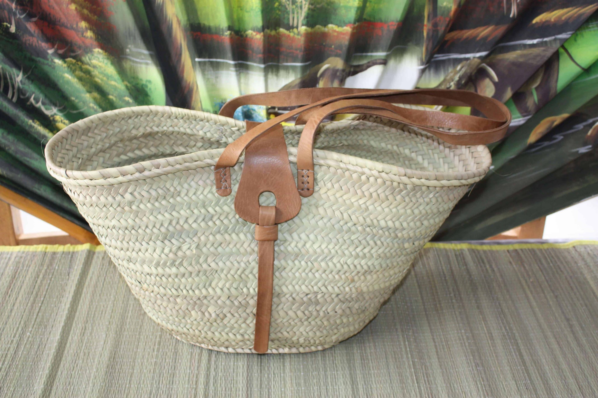 Superb Bag with Long Leather Handles - Tote bag Couffin markets race beach natural basket