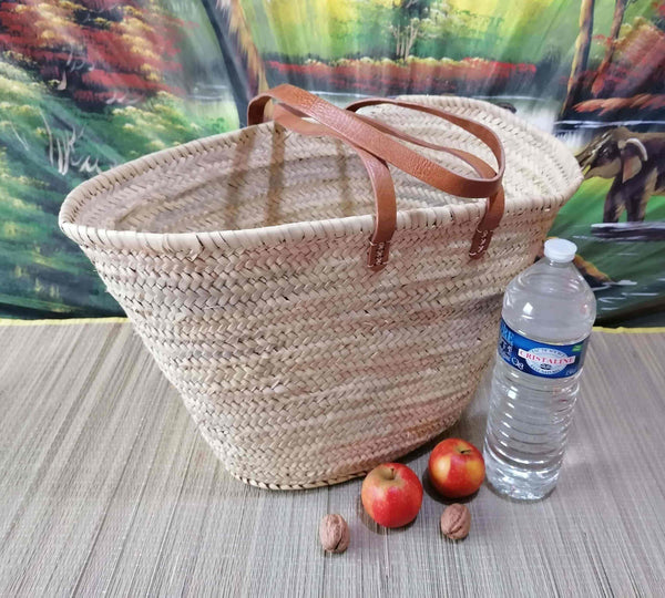 Bag Long Leather Handles - Basket Cabas Couffin markets shopping beach wicker rattan natural palm tree