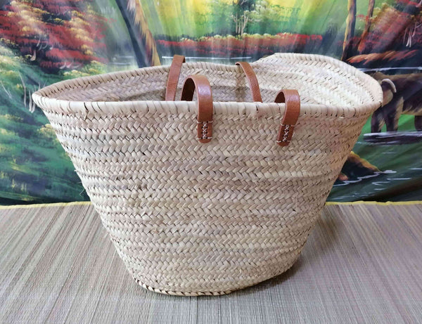 Bag Long Leather Handles - Basket Cabas Couffin markets shopping beach wicker rattan natural palm tree