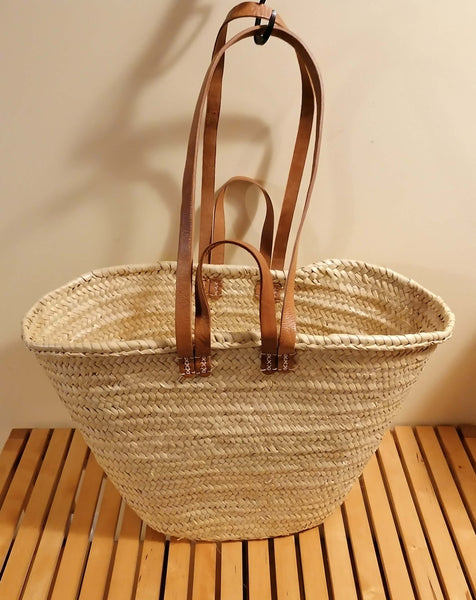 LARGE Bag - DOUBLE Short + Long Handles in Leather - Straw basket Cabas Couffin markets shopping beach wicker rattan natural palm tree