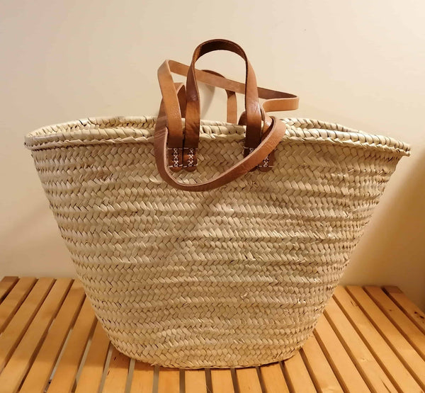 LARGE Bag - DOUBLE Short + Long Handles in Leather - Straw basket Cabas Couffin markets shopping beach wicker rattan natural palm tree