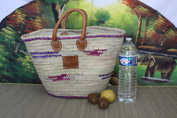 LARGE Bag Reinforced Handles Leather - Colorful Basket Tote Bag Couffin markets shopping beach wicker rattan natural palm tree