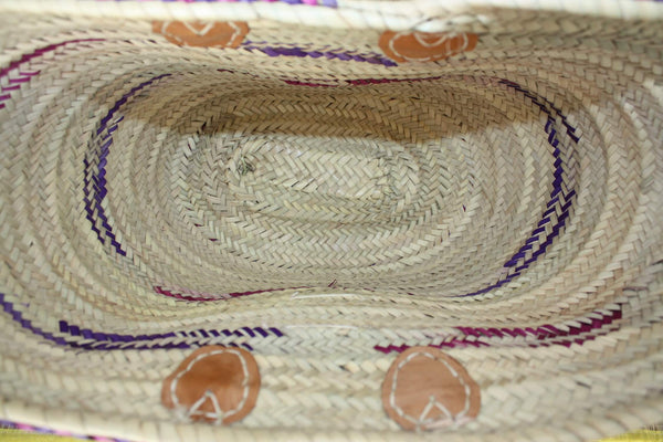 GROSSE Tasche verstärkte Griffe Leder – bunter Korb Einkaufstasche Couffin Märkte Einkaufen Strand Korbgeflecht Rattan natürliche Palme