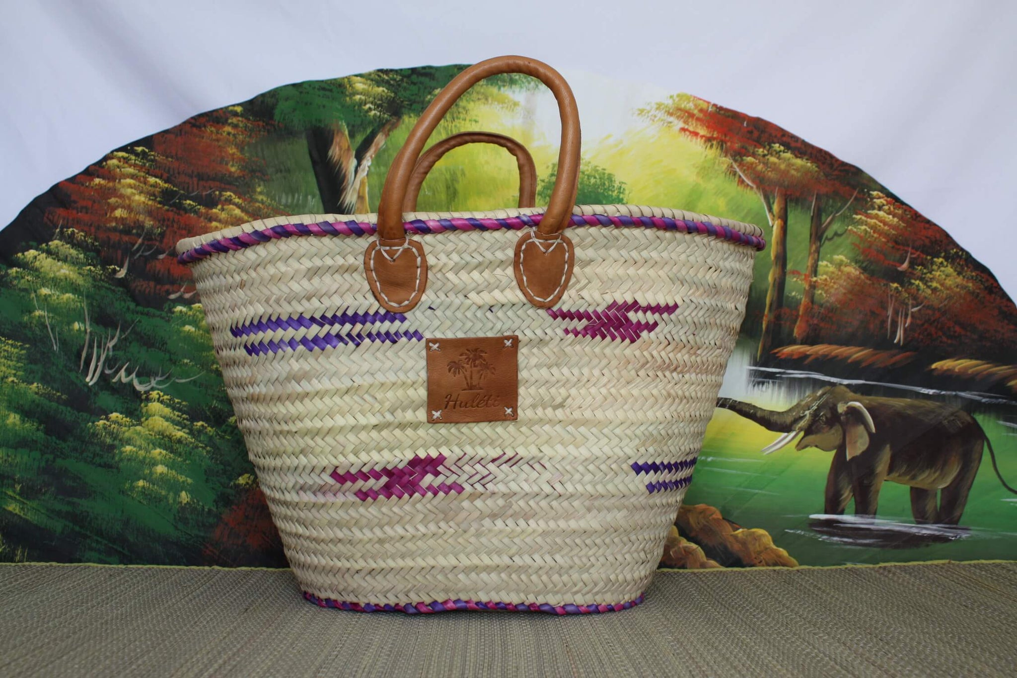 LARGE Bag Reinforced Handles Leather - Colorful Basket Tote Bag Couffin markets shopping beach wicker rattan natural palm tree