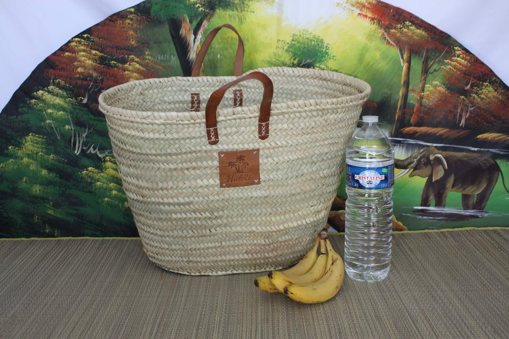 GROßER Einkaufskorb - Natürliches Palmenstroh - Einkaufstasche - Verstärkte SOLID-Ledergriffe - HULÉTI -