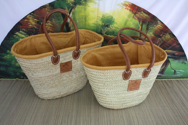 Set of 2 Shopping baskets with African fabric pouch - MEDIUM + LARGE XXL - Straw basket bag Market shopping basket Palm beach basket